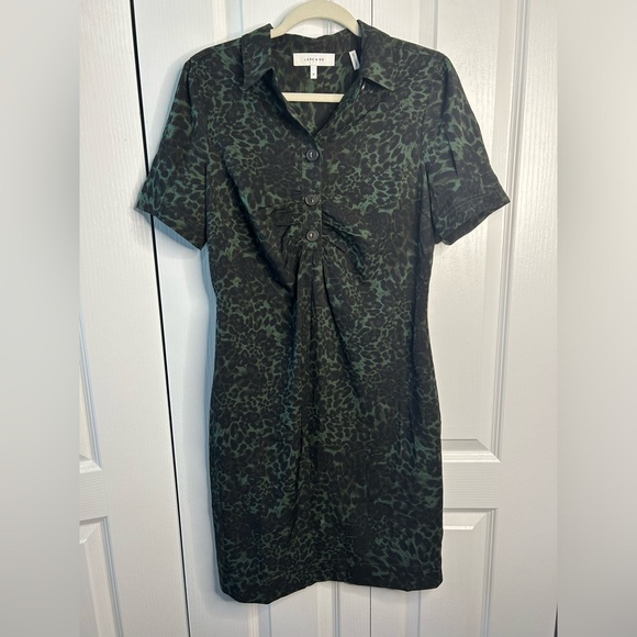 Lark & Ro Women's Short Sleeve V Neck Fit Collared Dress‎ Leopard Olive Size 8 - Picture 1 of 6